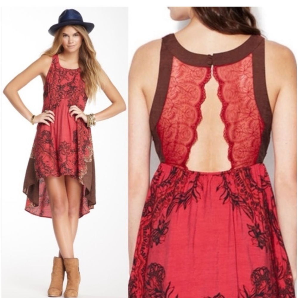 Free People High Low Red Floral Open Back Dress Size Small